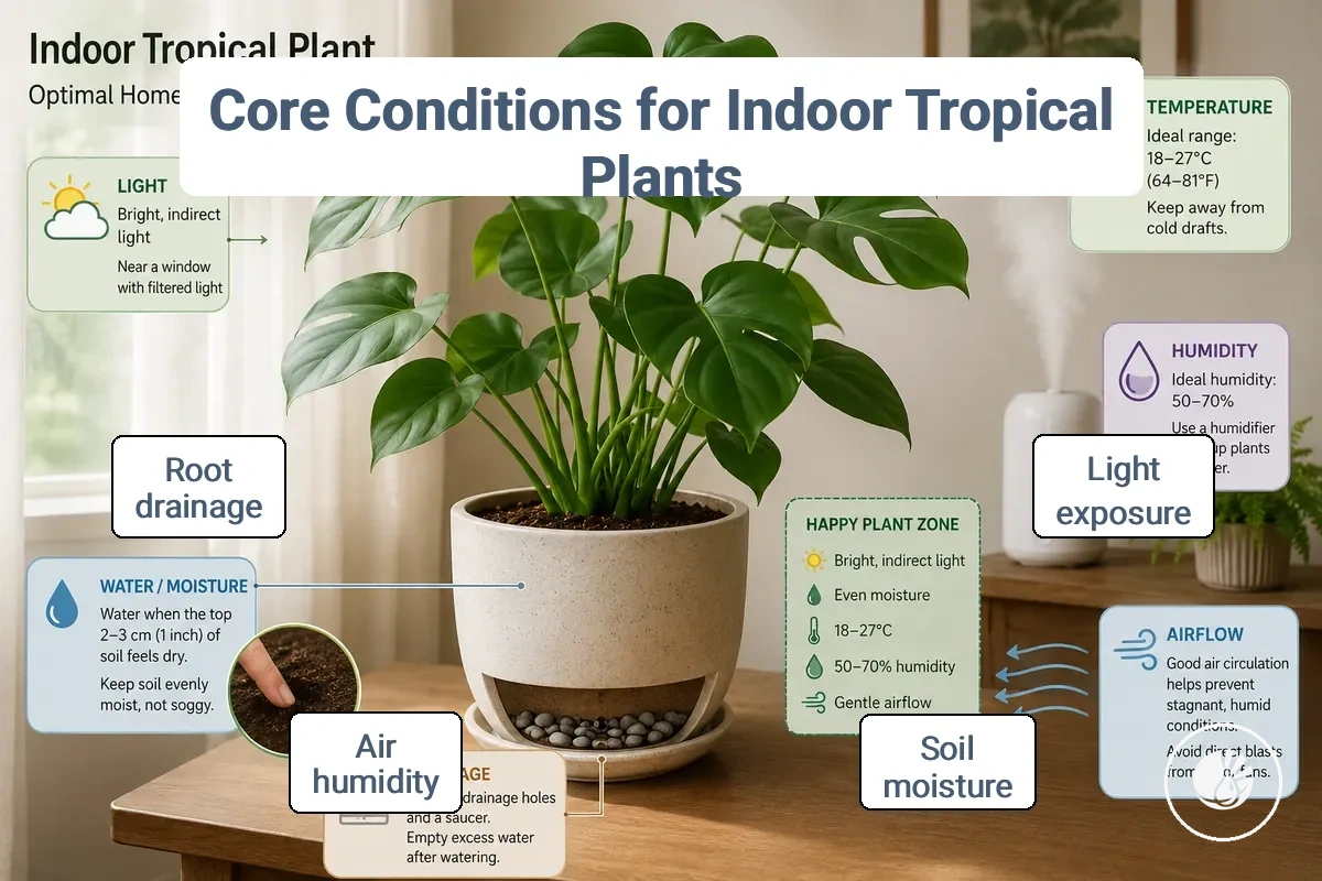 indoor tropical plant showing light, moisture, humidity, airflow, and drainage condition areas