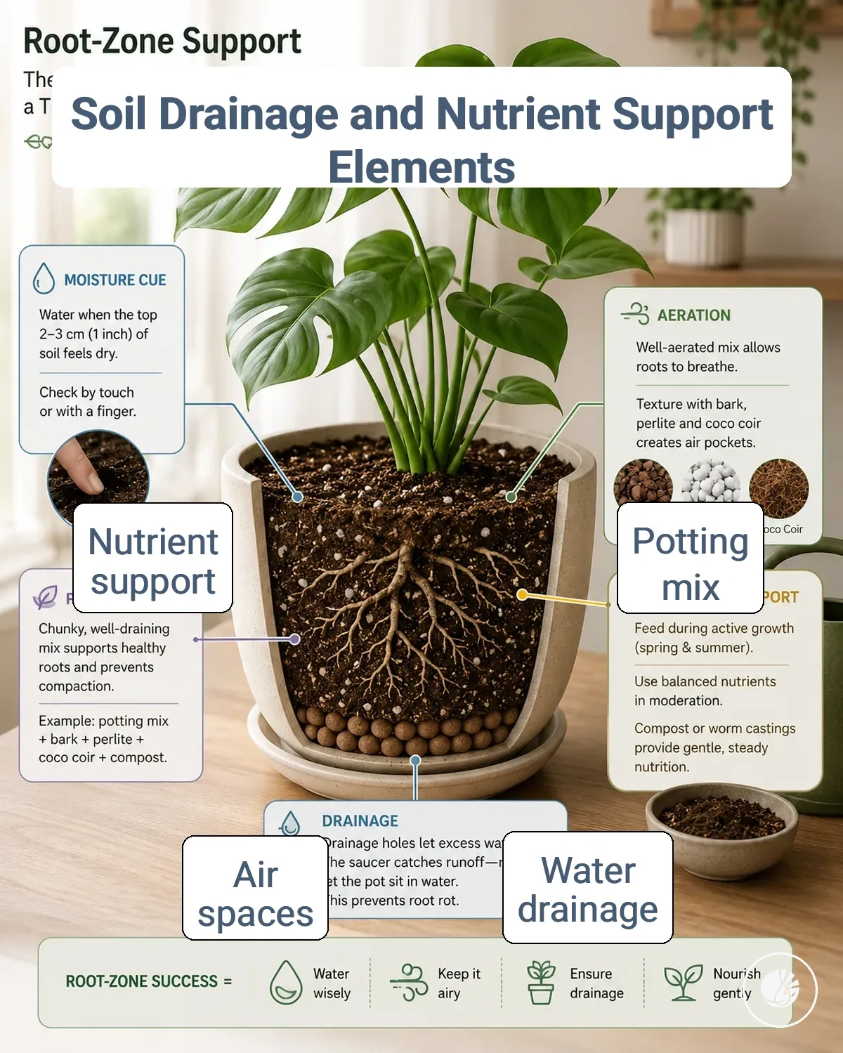 indoor tropical plant pot showing soil mix, drainage, and root-zone support elements