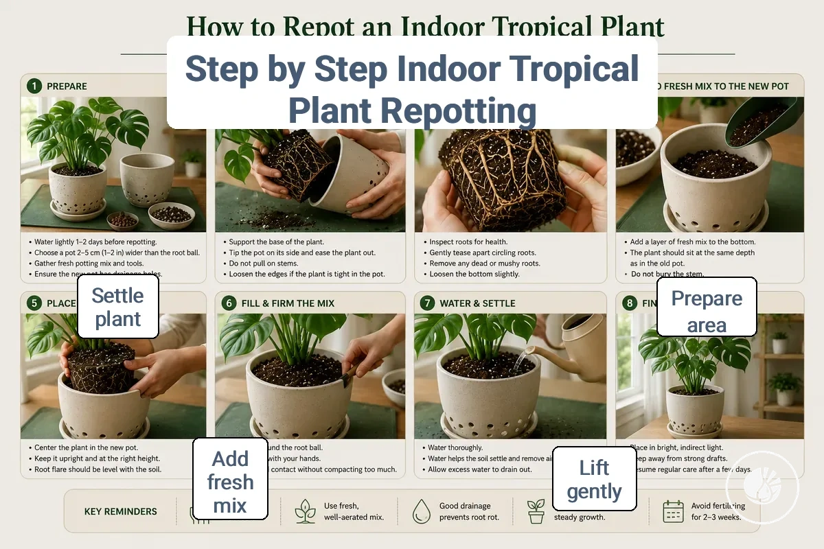 Step by step repotting sequence for an indoor tropical plant