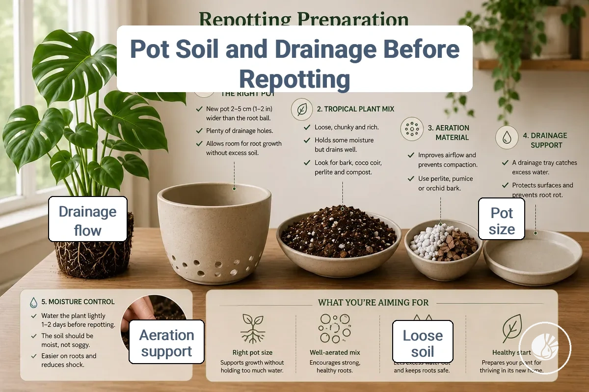 Pot, soil, and drainage setup for indoor tropical plant repotting