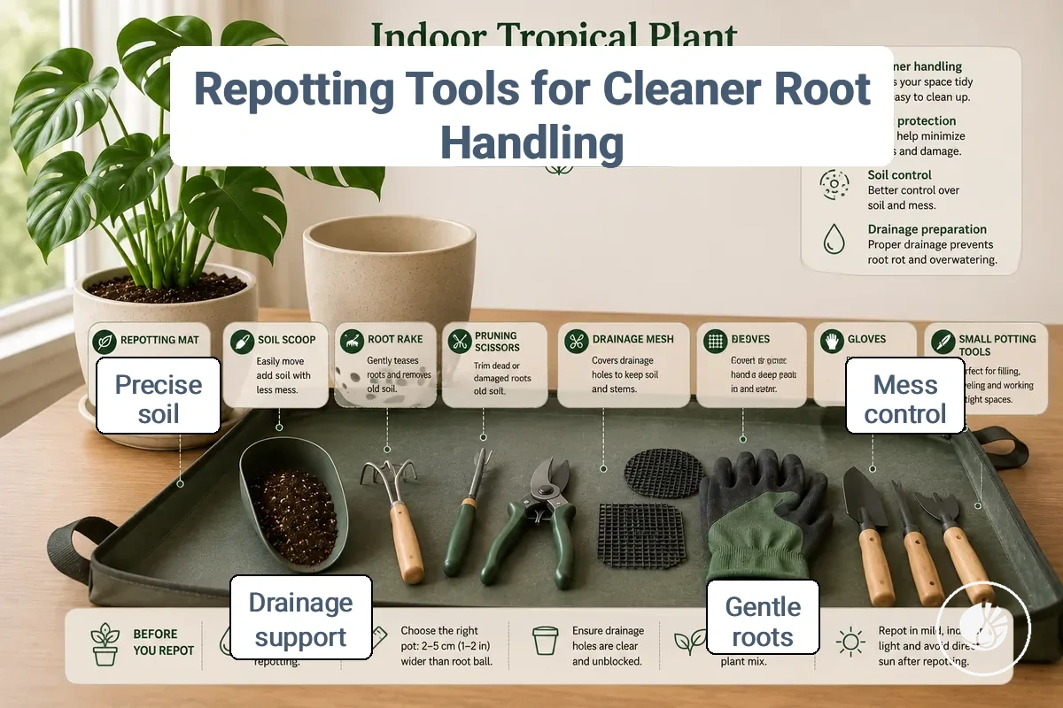 Repotting tools used to reduce mess and root disturbance