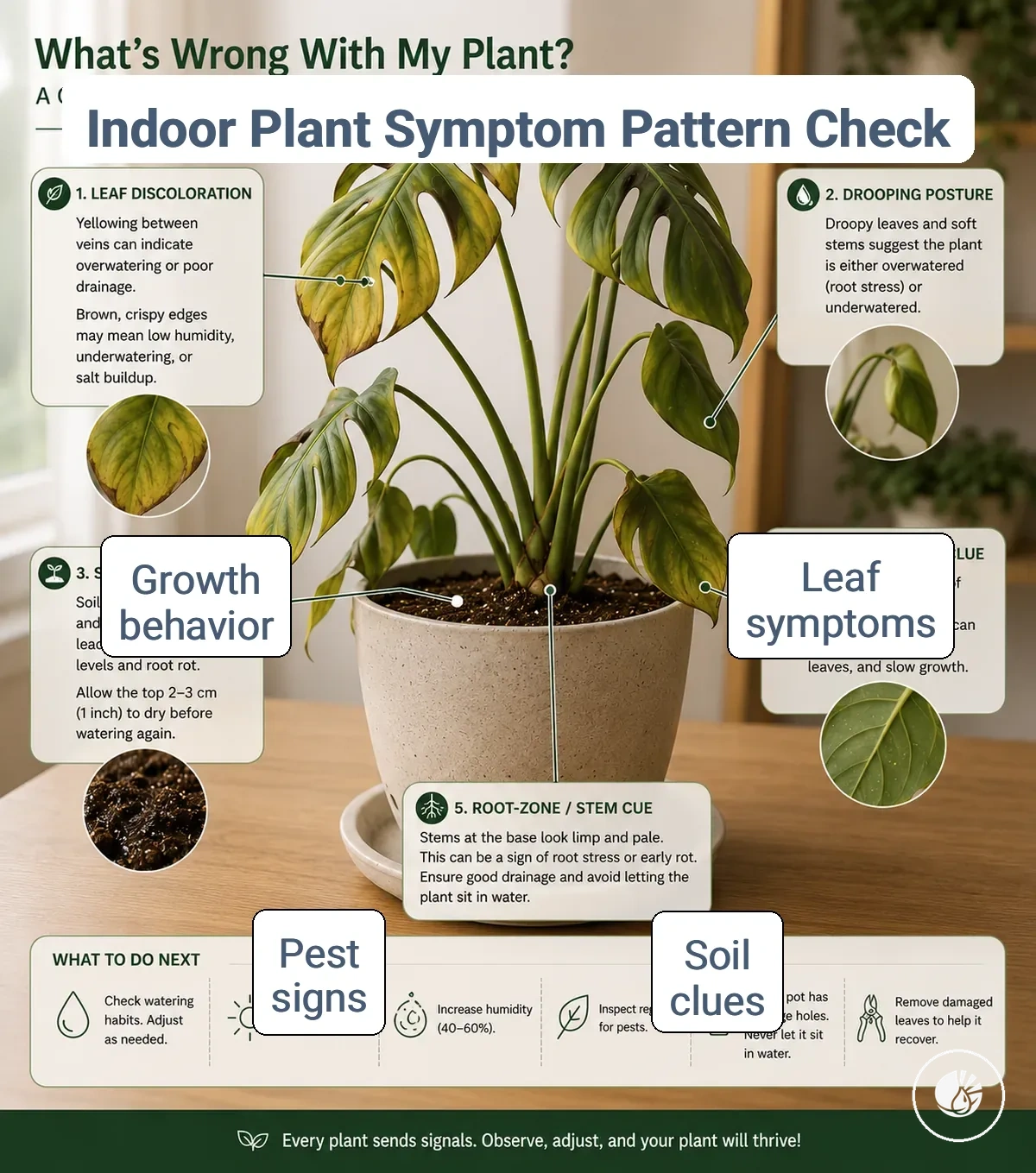 annotated indoor tropical plant symptoms showing leaves soil stems and pest warning signs