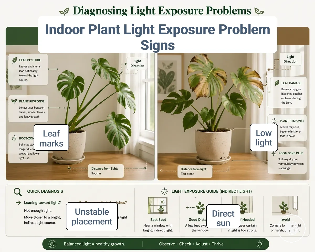 indoor tropical plant light exposure signs showing low light and direct sun damage