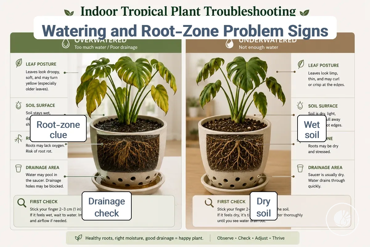 comparison of indoor tropical plant watering and root-zone problem signs