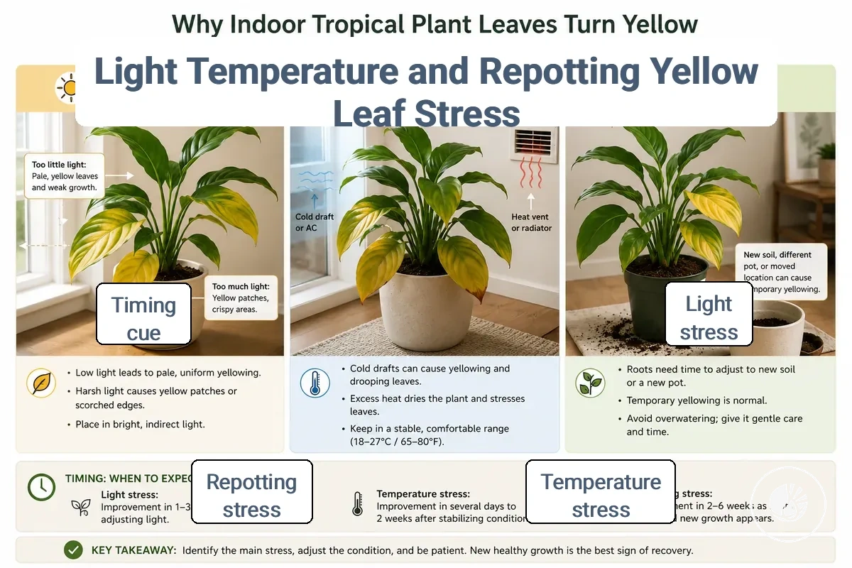 Indoor tropical plant showing yellow leaves near light, draft, and repotting stress cues.