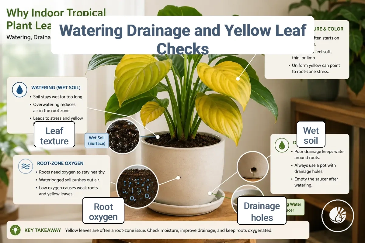 Indoor tropical plant showing yellow leaves with soil moisture and drainage checks labeled.