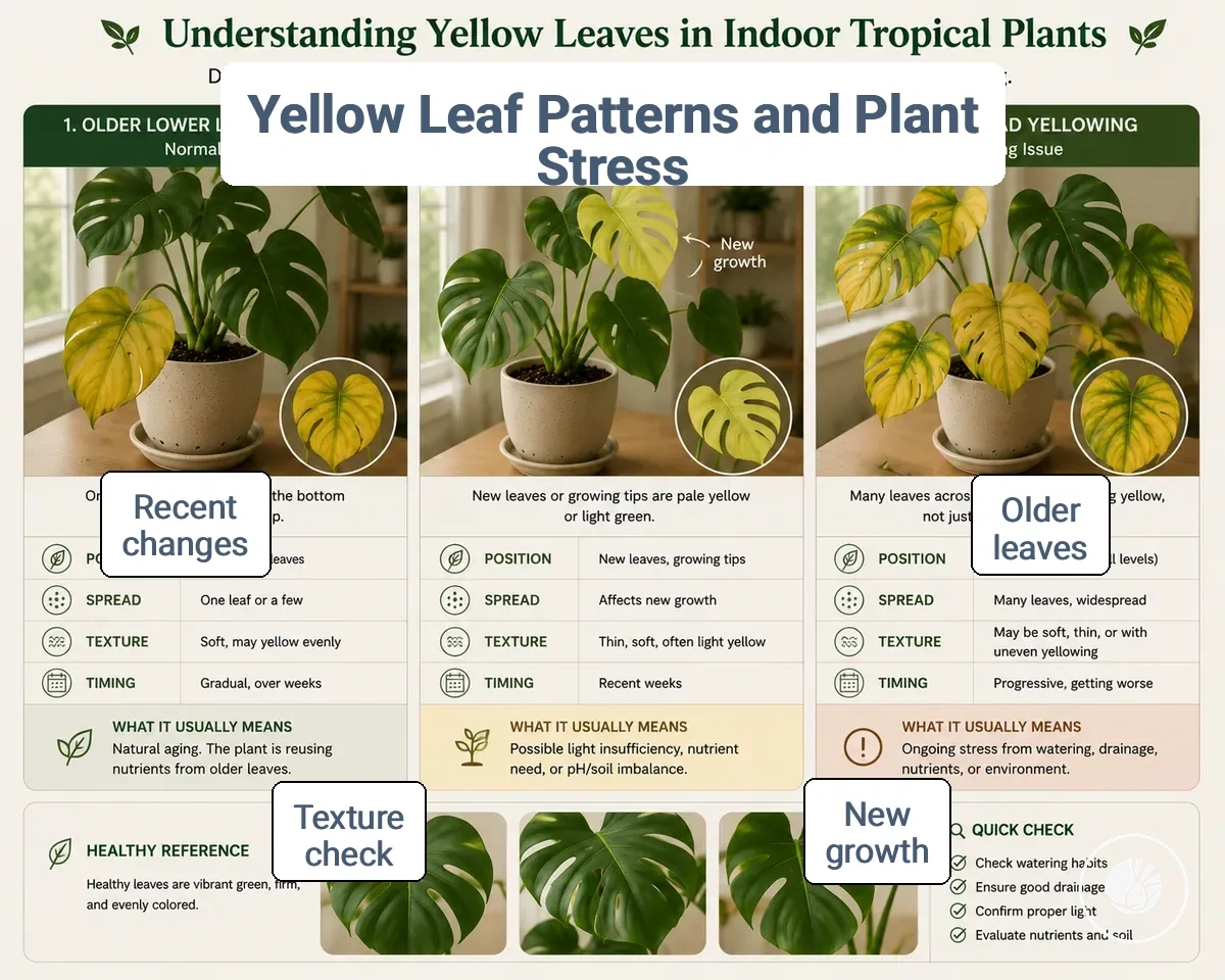 Comparison of indoor tropical plant yellow leaf patterns showing aging and stress signals.