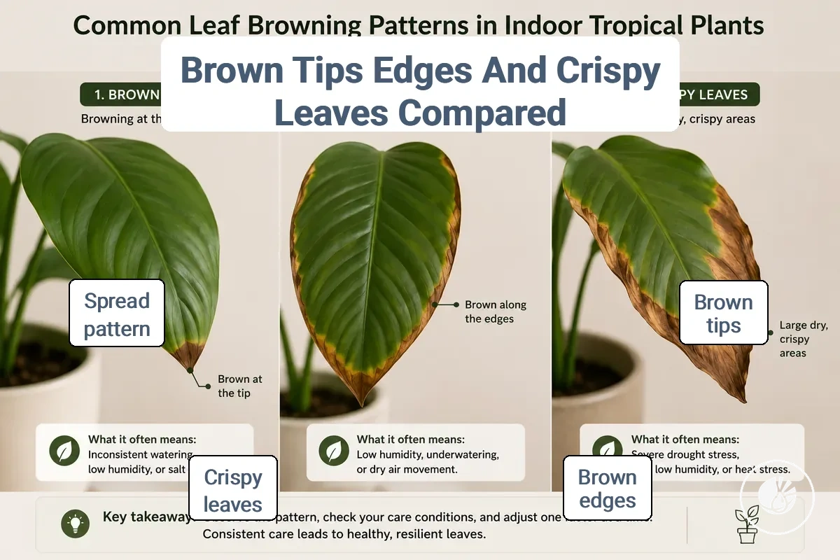Comparison of brown tips, brown edges, and crispy leaf patterns on indoor tropical plant leaves