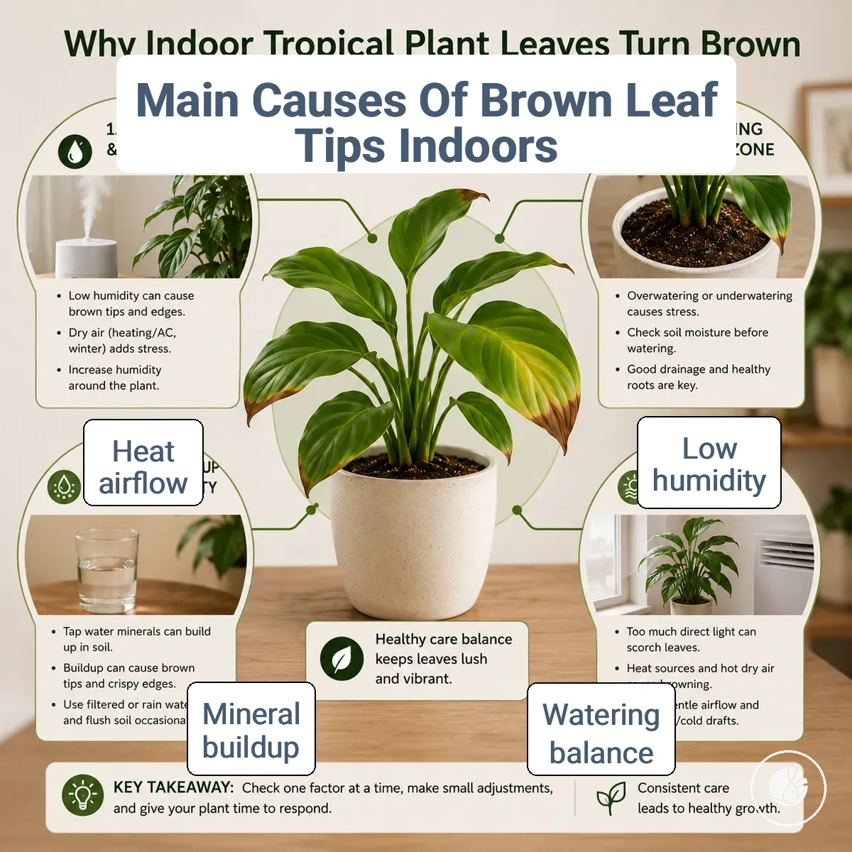 Diagnostic map showing common indoor causes of brown leaf tips on tropical plants