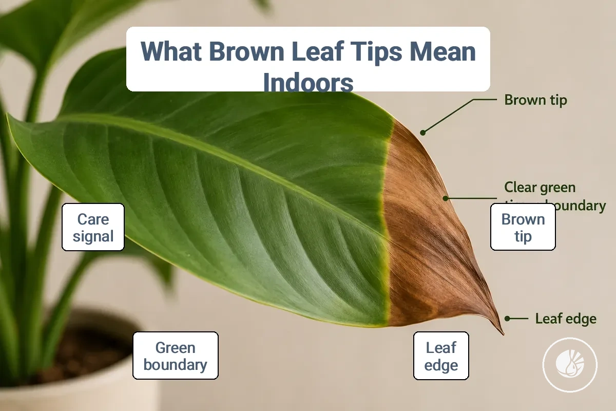 Annotated example showing a brown leaf tip, green tissue boundary, and visible leaf edge