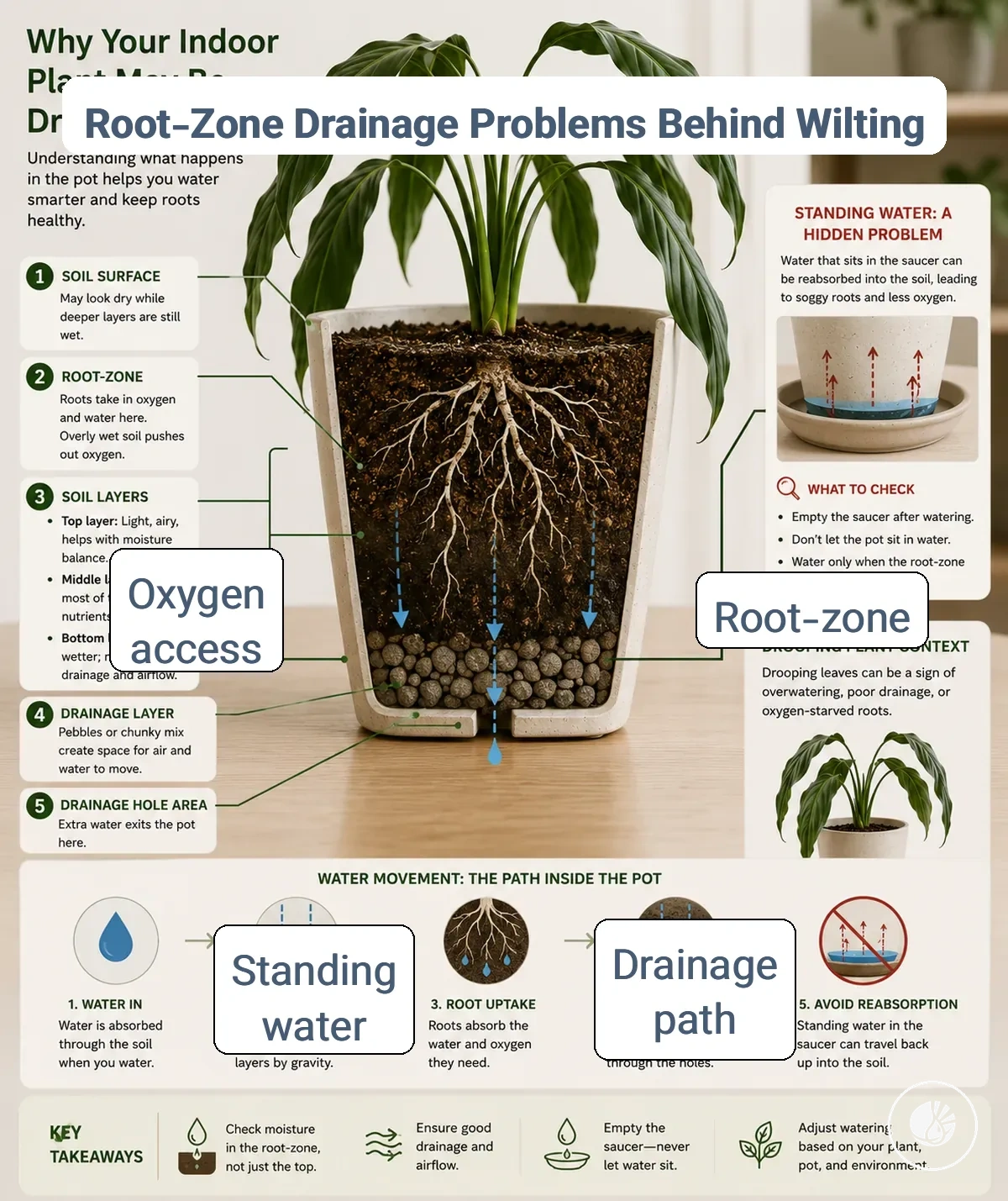 Indoor plant pot showing root-zone and drainage checks for wilting