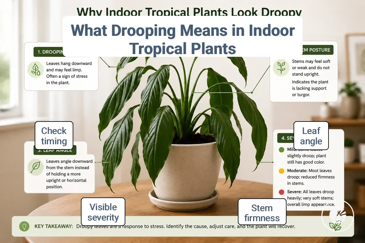 Indoor tropical plant showing drooping leaves and soft stem posture