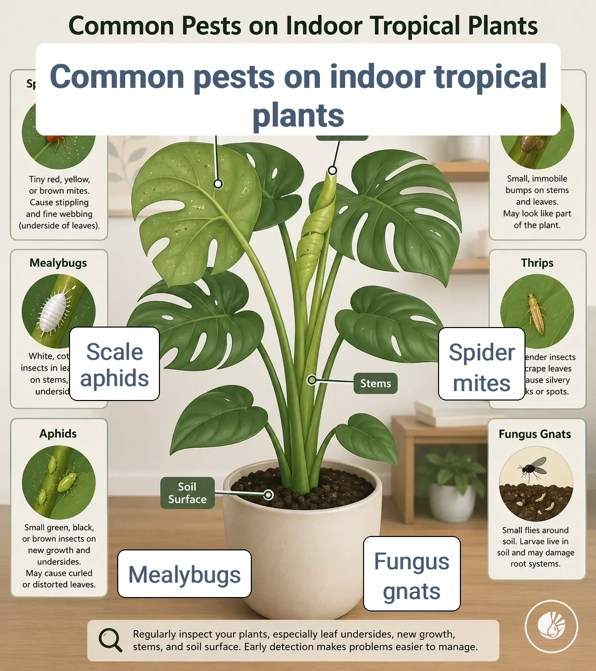Comparison graphic of common indoor tropical plant pests on leaves stems and soil