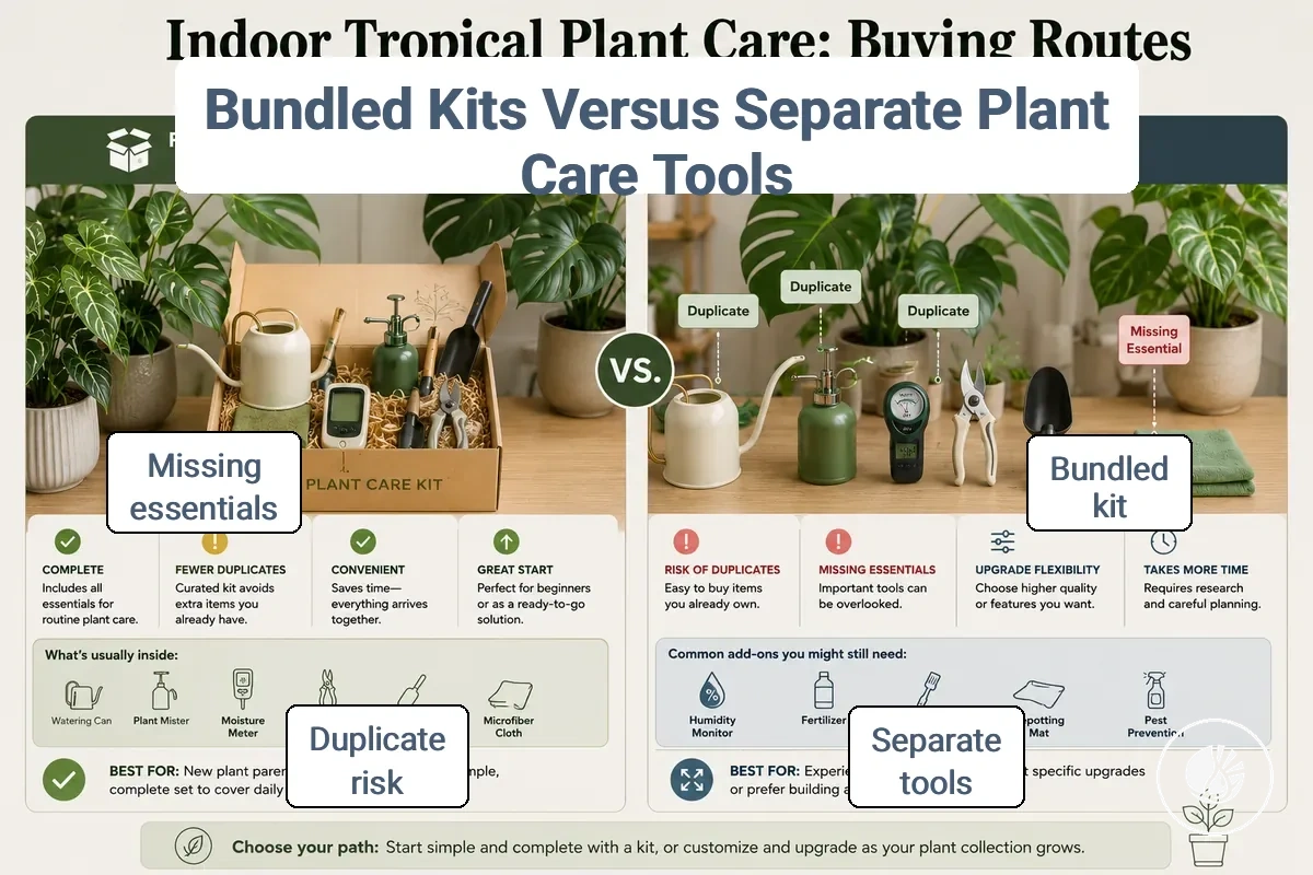 Bundled plant care kit compared with separate indoor plant care tools for completeness and redundancy.