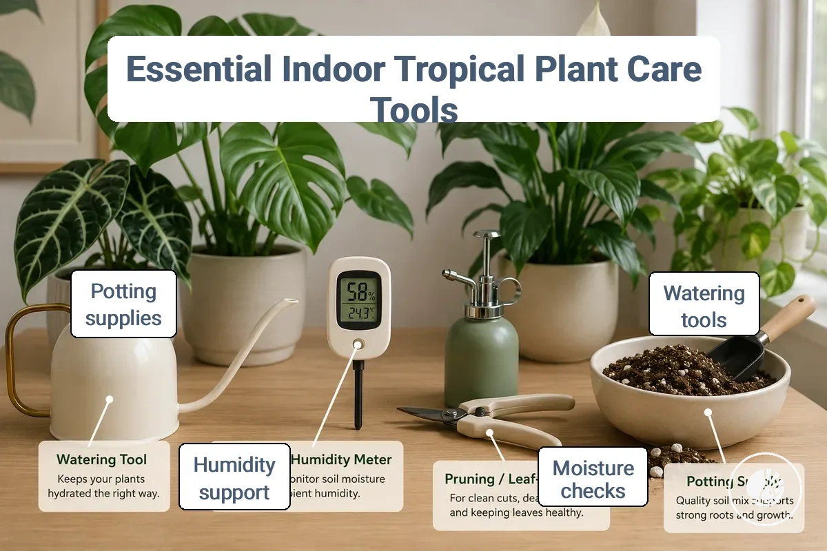 Essential indoor tropical plant care tools including watering, moisture, humidity, pruning and potting supplies.