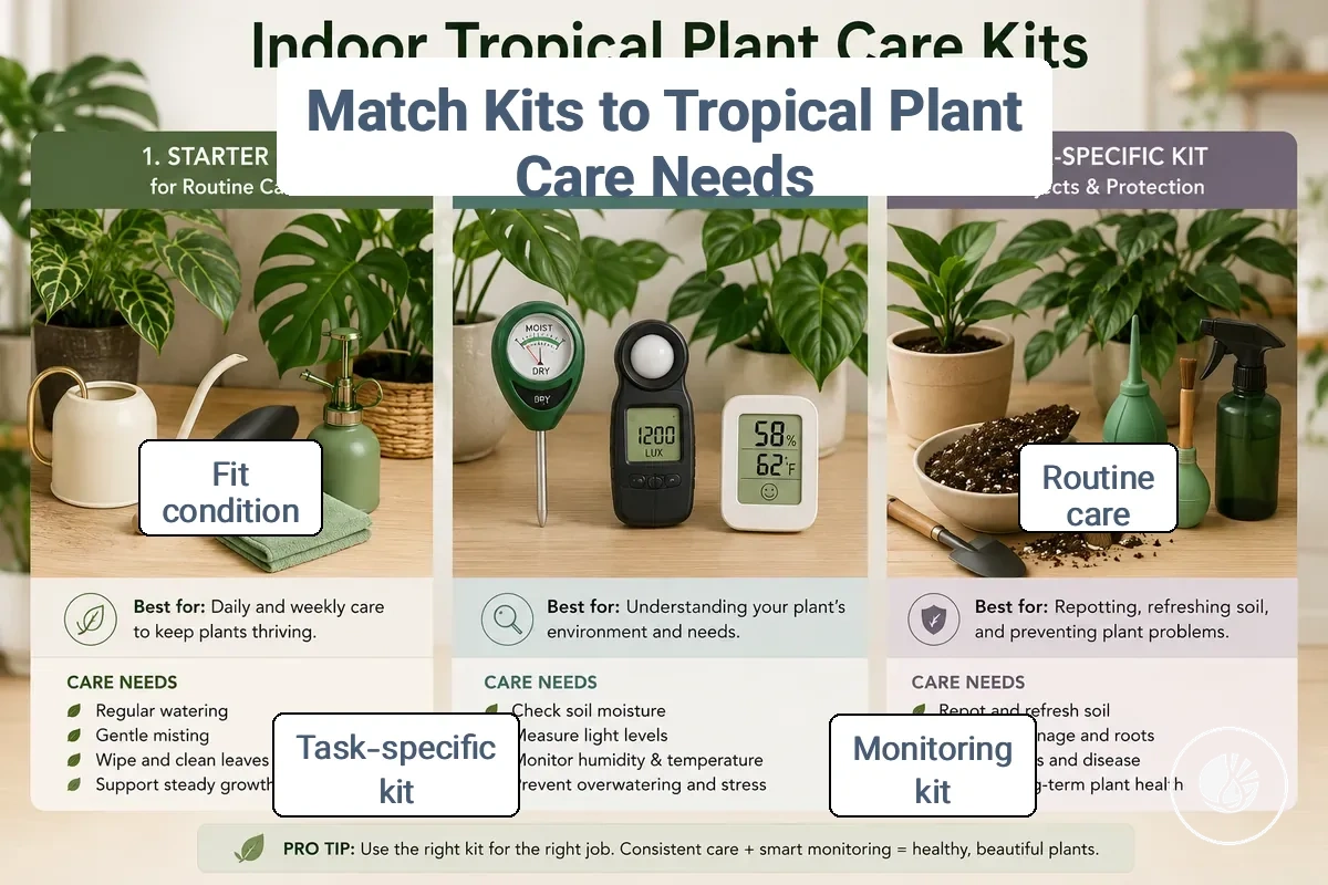 Indoor tropical plant care kits grouped by routine care, monitoring and task-specific needs.
