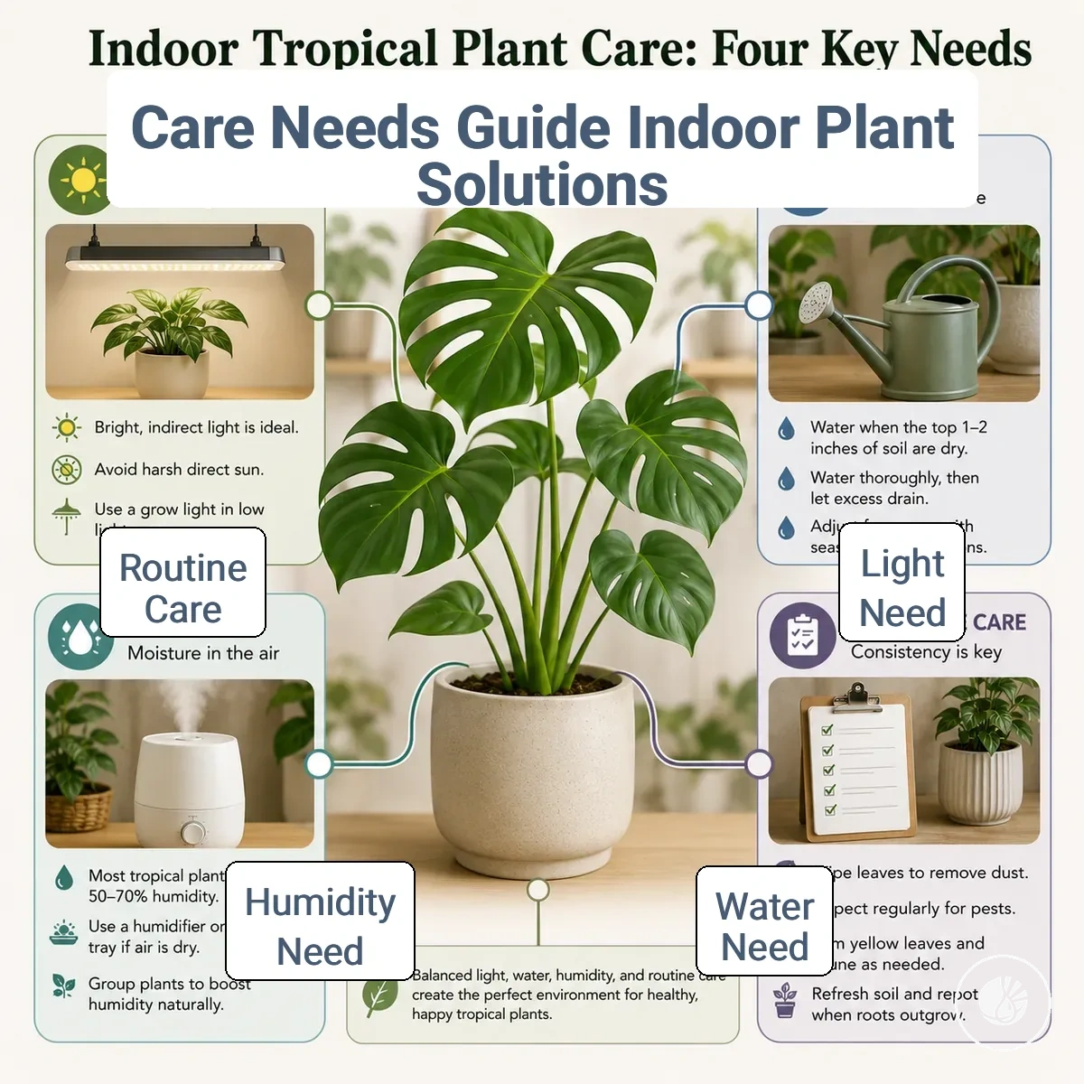 Diagram matching indoor tropical plant care needs with suitable solution categories