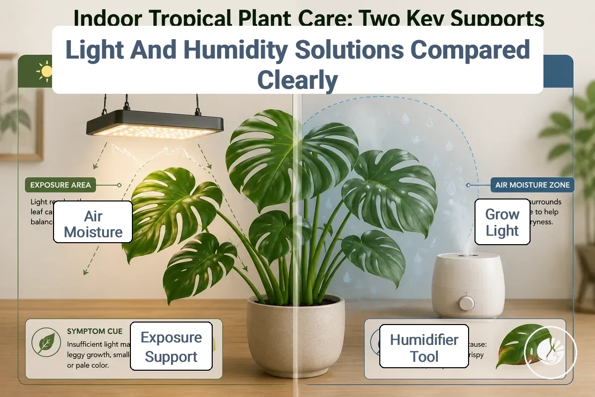 Grow light and humidifier compared as indoor tropical plant care solutions