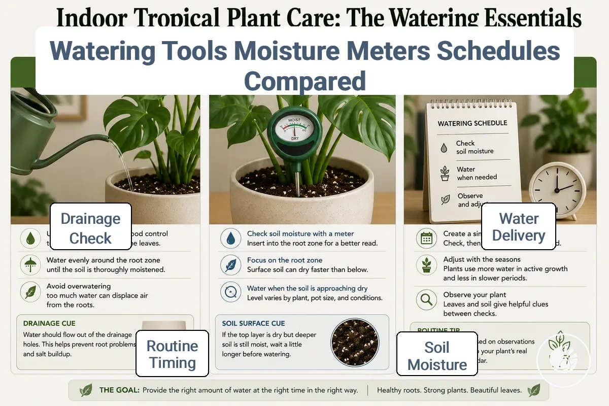 Watering can, moisture meter and schedule compared for indoor tropical plant care