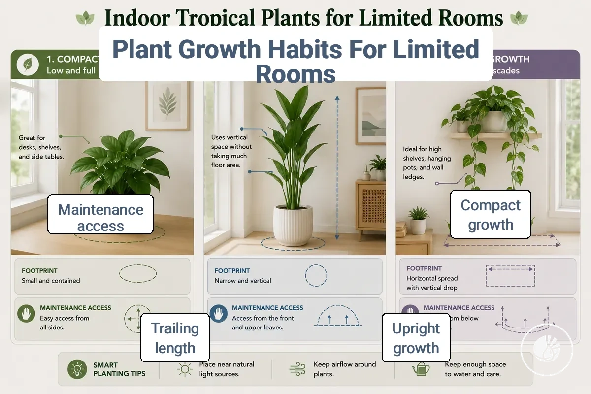 comparison of compact, upright and trailing indoor tropical plant growth habits for limited rooms