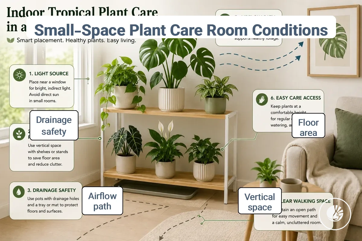small-space indoor tropical plant care setup showing room conditions, plant placement and care access
