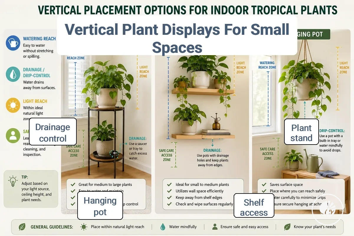 vertical indoor plant display with stand, shelf and hanging pot for small spaces