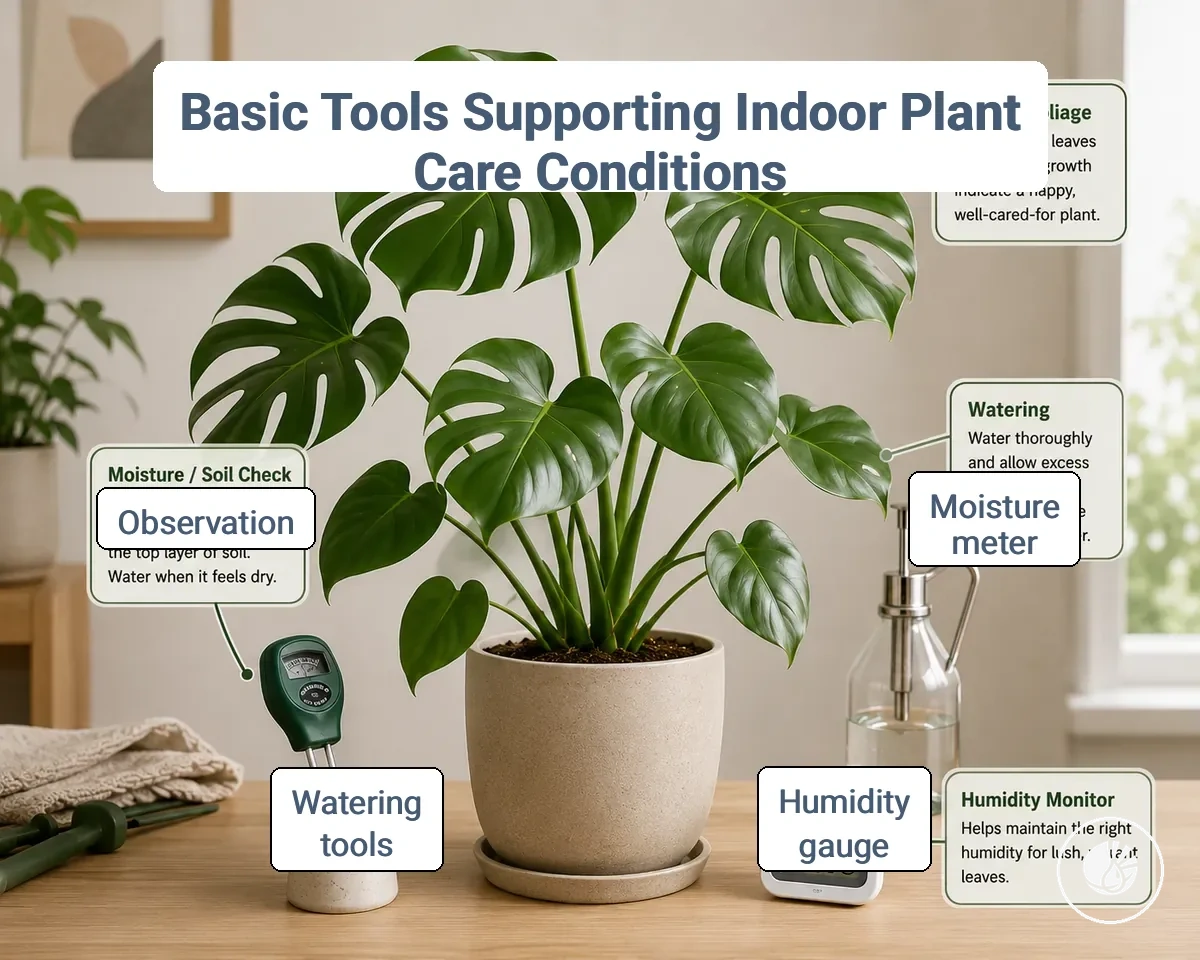 Basic indoor tropical plant care tools supporting moisture, humidity, and watering checks