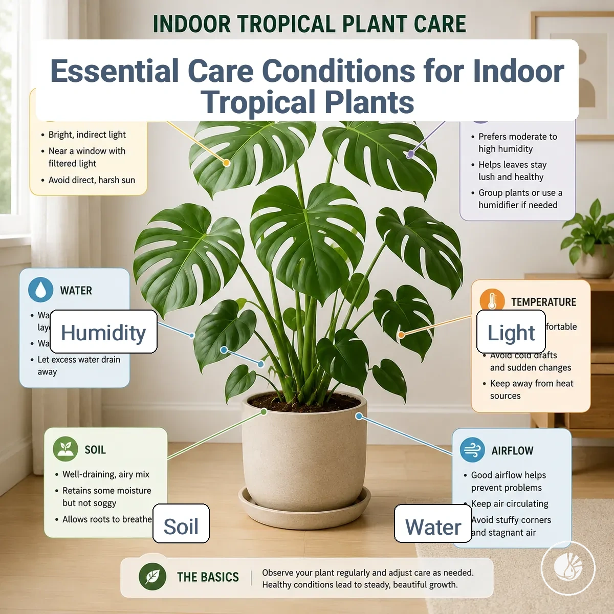 Essential care conditions for an indoor tropical plant showing light, water, soil, humidity, temperature, and airflow cues