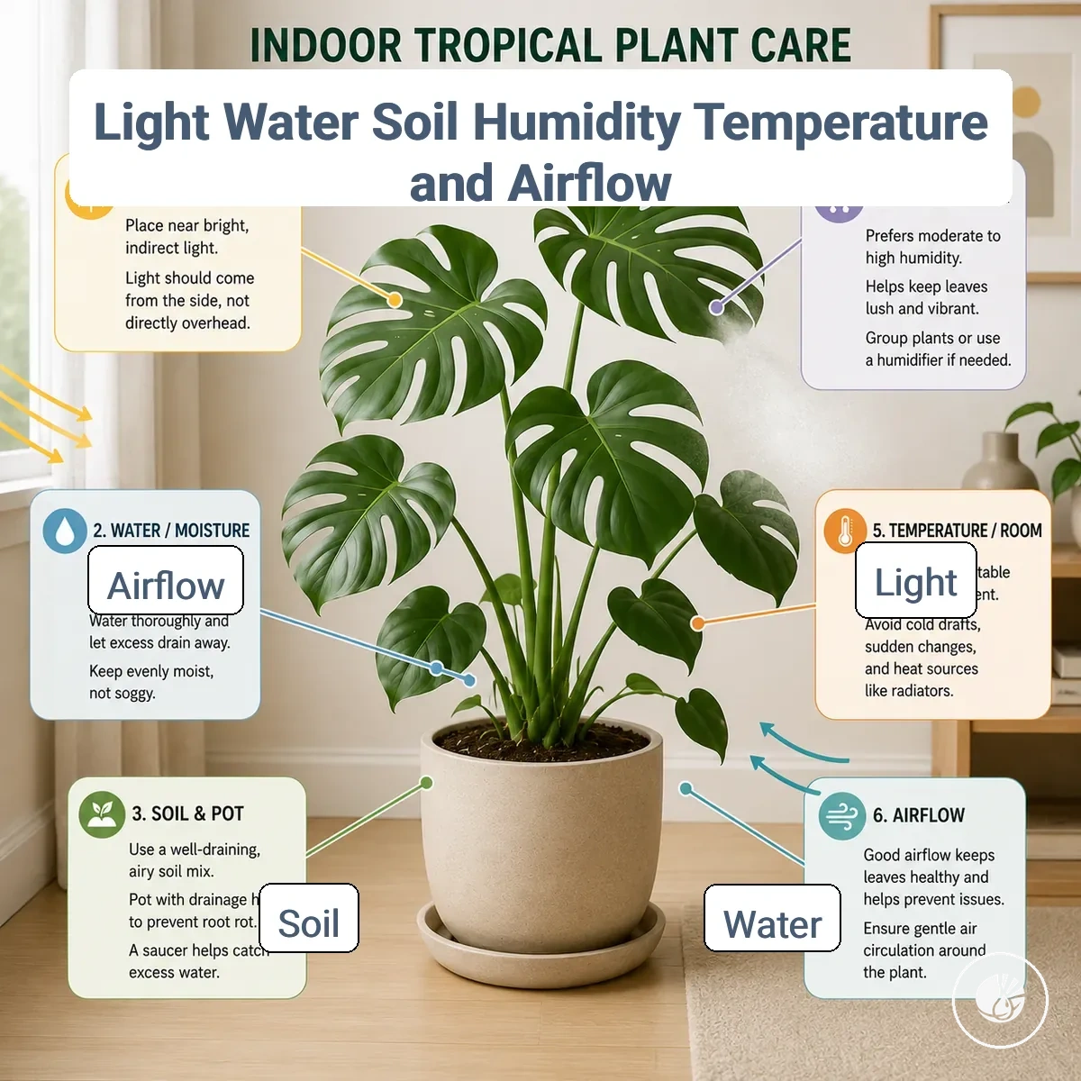 Diagram of light, water, soil, humidity, temperature, and airflow around an indoor tropical plant