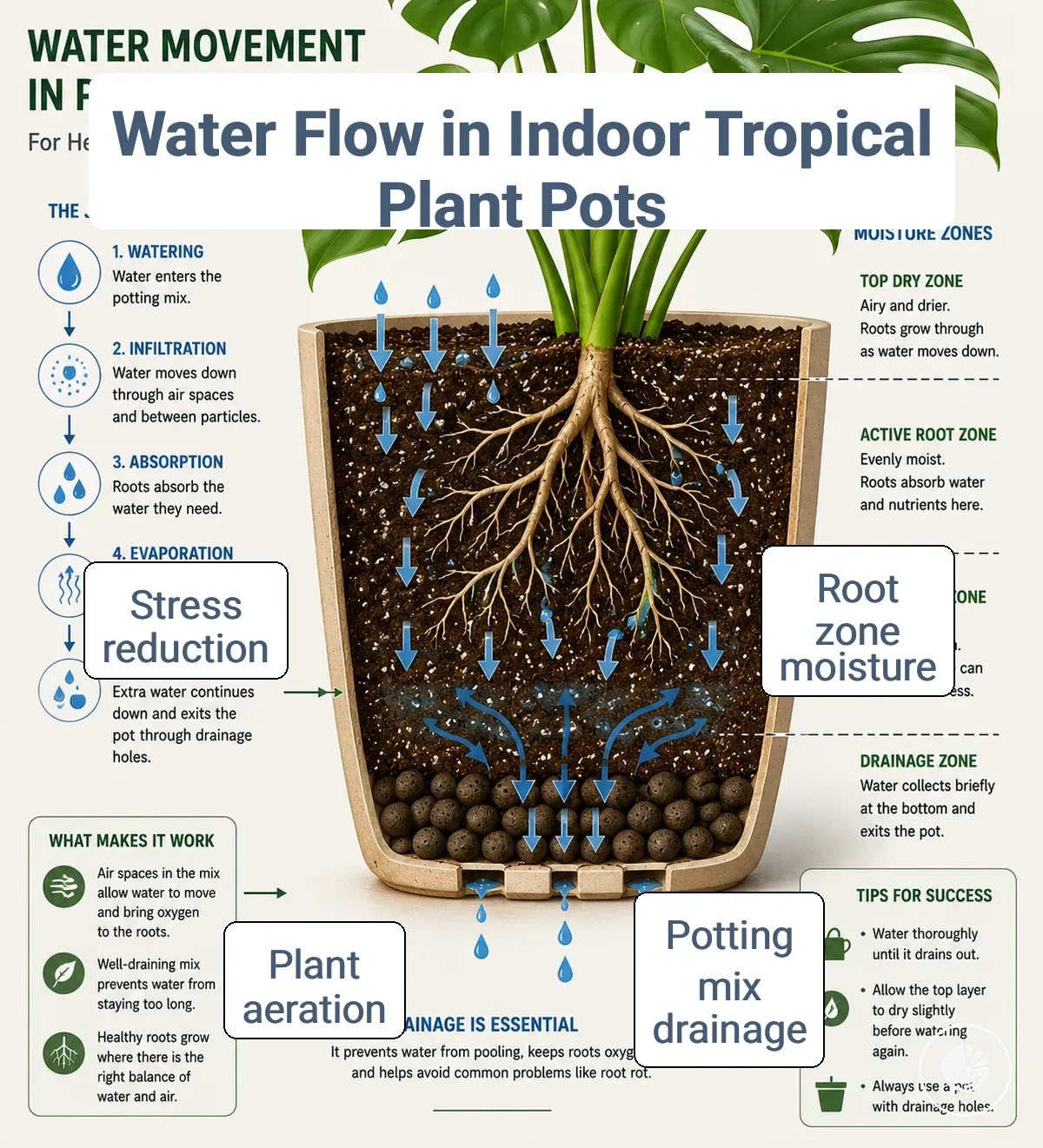 Water movement and drainage in pots for indoor tropical plants
