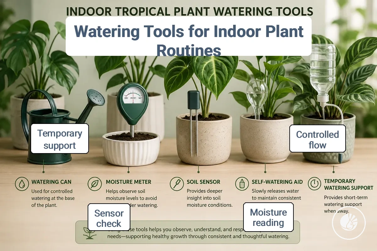 Watering tools used for indoor tropical plant routines