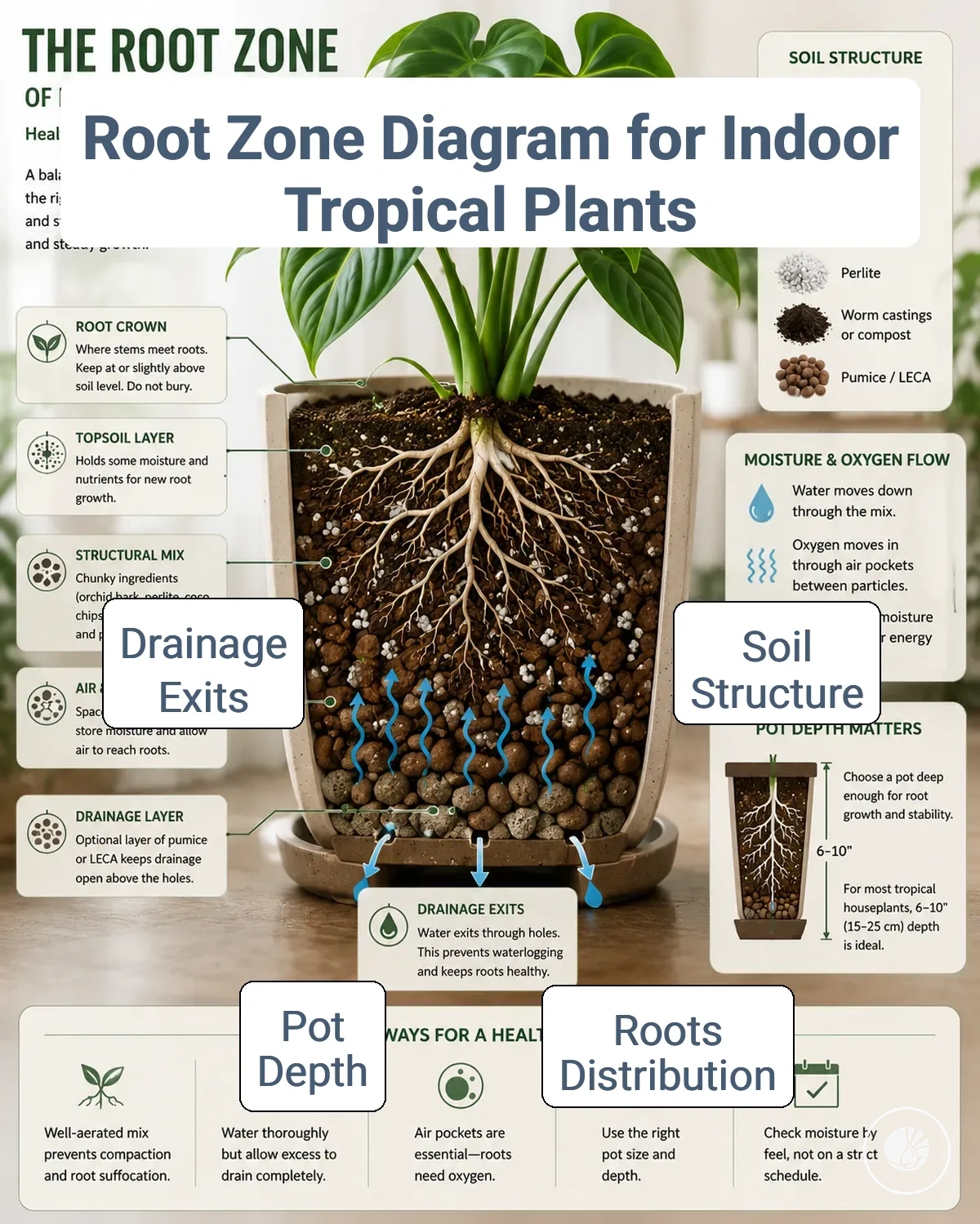 Root zone diagram showing soil structure, roots, pot depth, and drainage exits