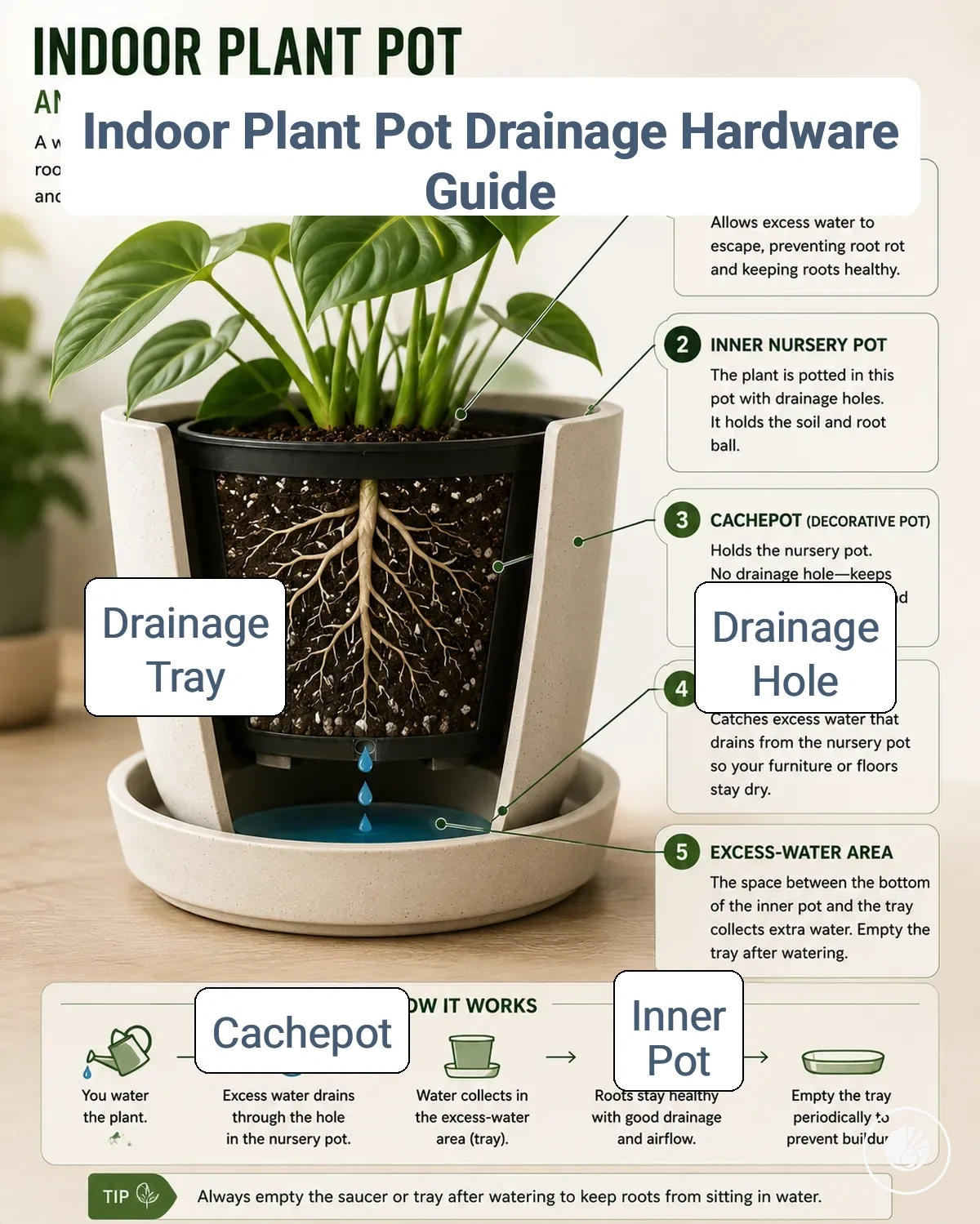 Annotated indoor plant pot showing drainage holes, cachepot and drainage tray