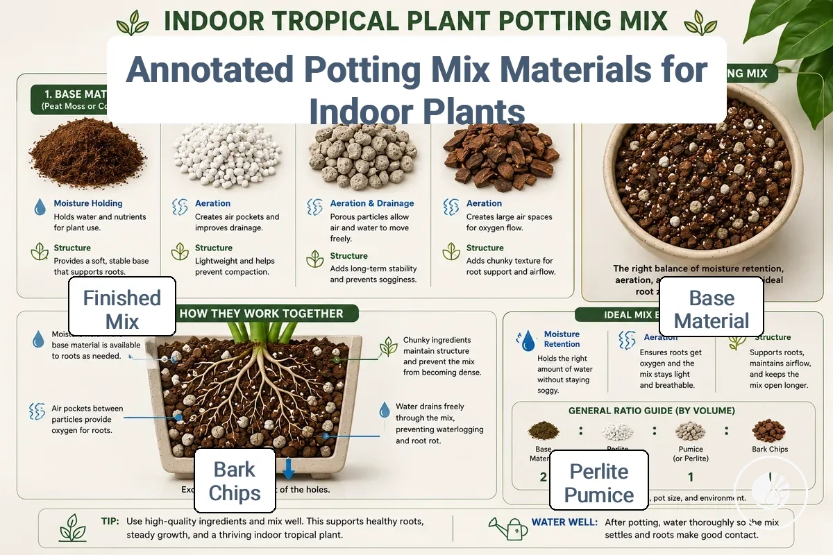 Labeled potting mix materials including base material, perlite and bark for indoor tropical plants