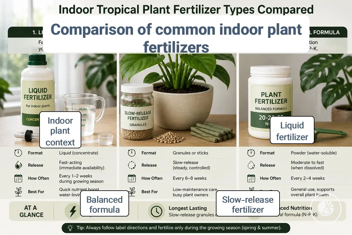 Comparison of liquid and slow-release fertilizer types for indoor tropical plants.