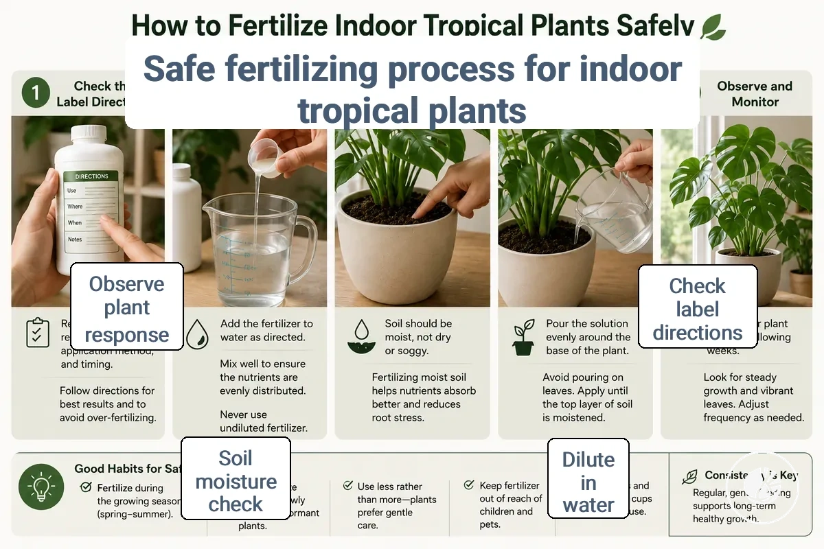 Step-by-step safe fertilizer dilution and application for an indoor tropical plant.