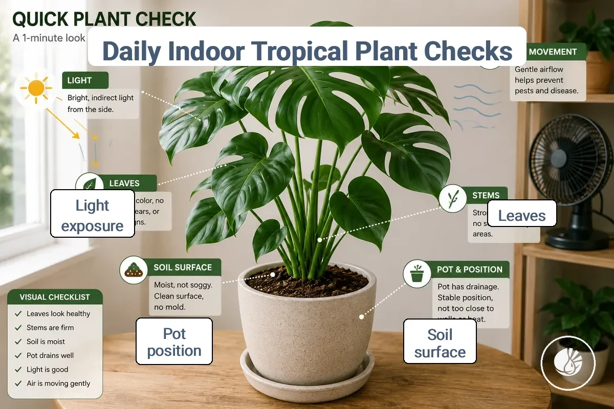 Daily indoor tropical plant checks showing leaves, soil surface, pot position, and light exposure