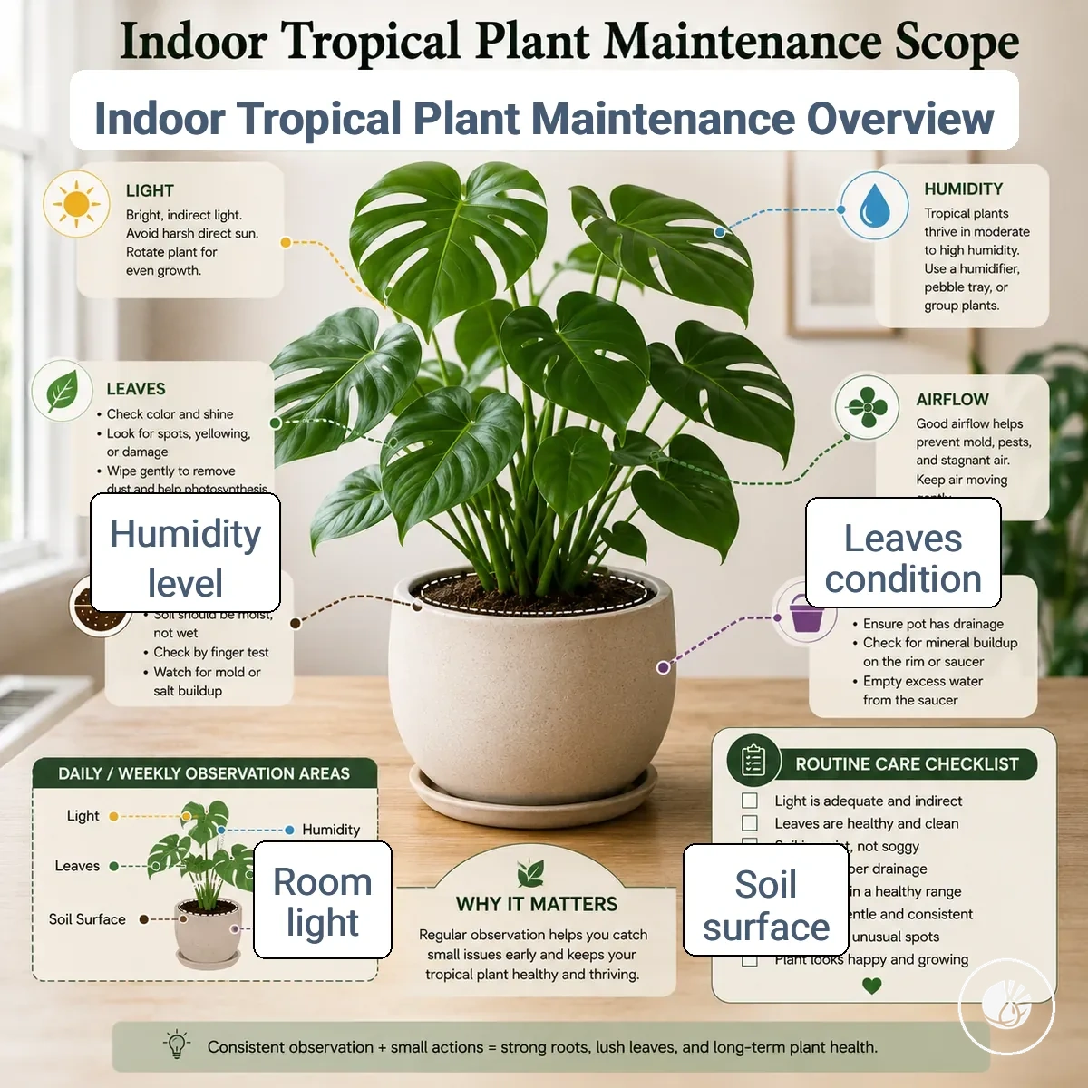 Indoor tropical plant maintenance scope showing leaves, soil surface, light, humidity, and tracking areas