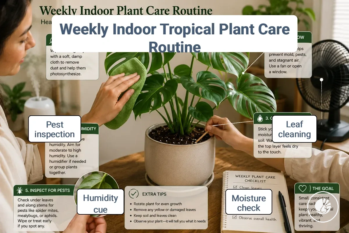 Weekly indoor tropical plant care routine with moisture check, leaf cleaning, humidity cue, and pest inspection