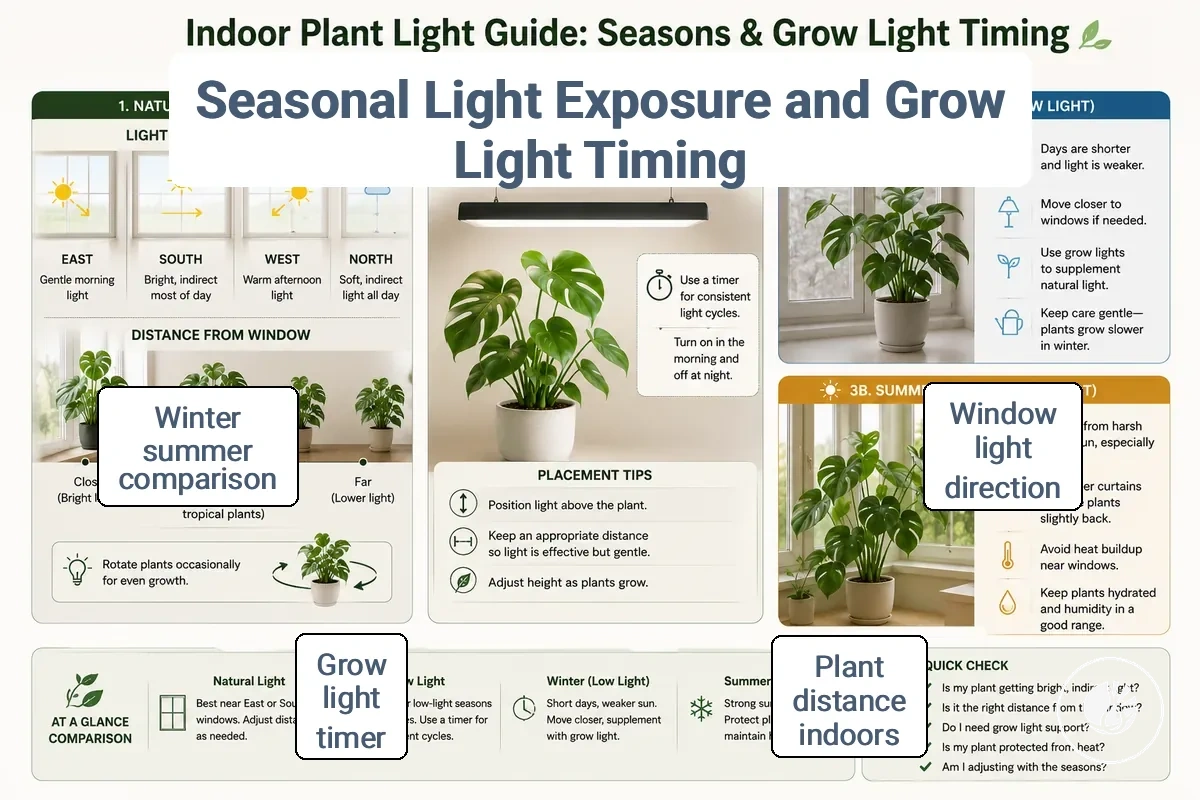 Seasonal indoor plant light exposure and grow light timing comparison