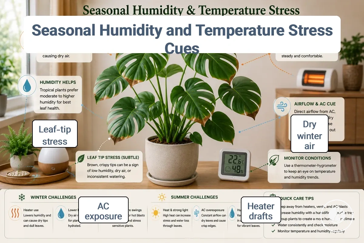 Indoor tropical plant showing seasonal humidity and temperature stress cues