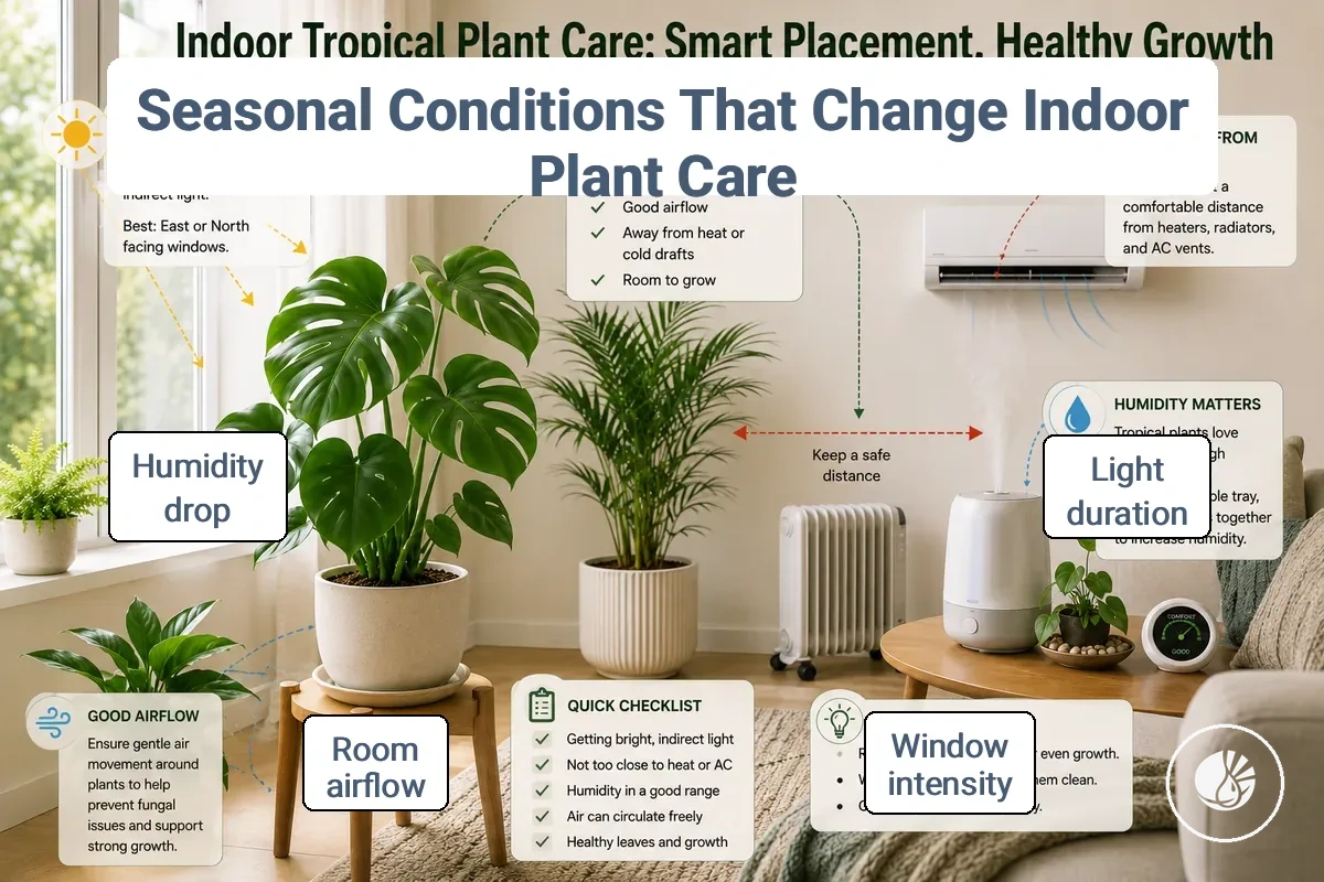 Indoor tropical plant care conditions showing window light, room air and humidity cues
