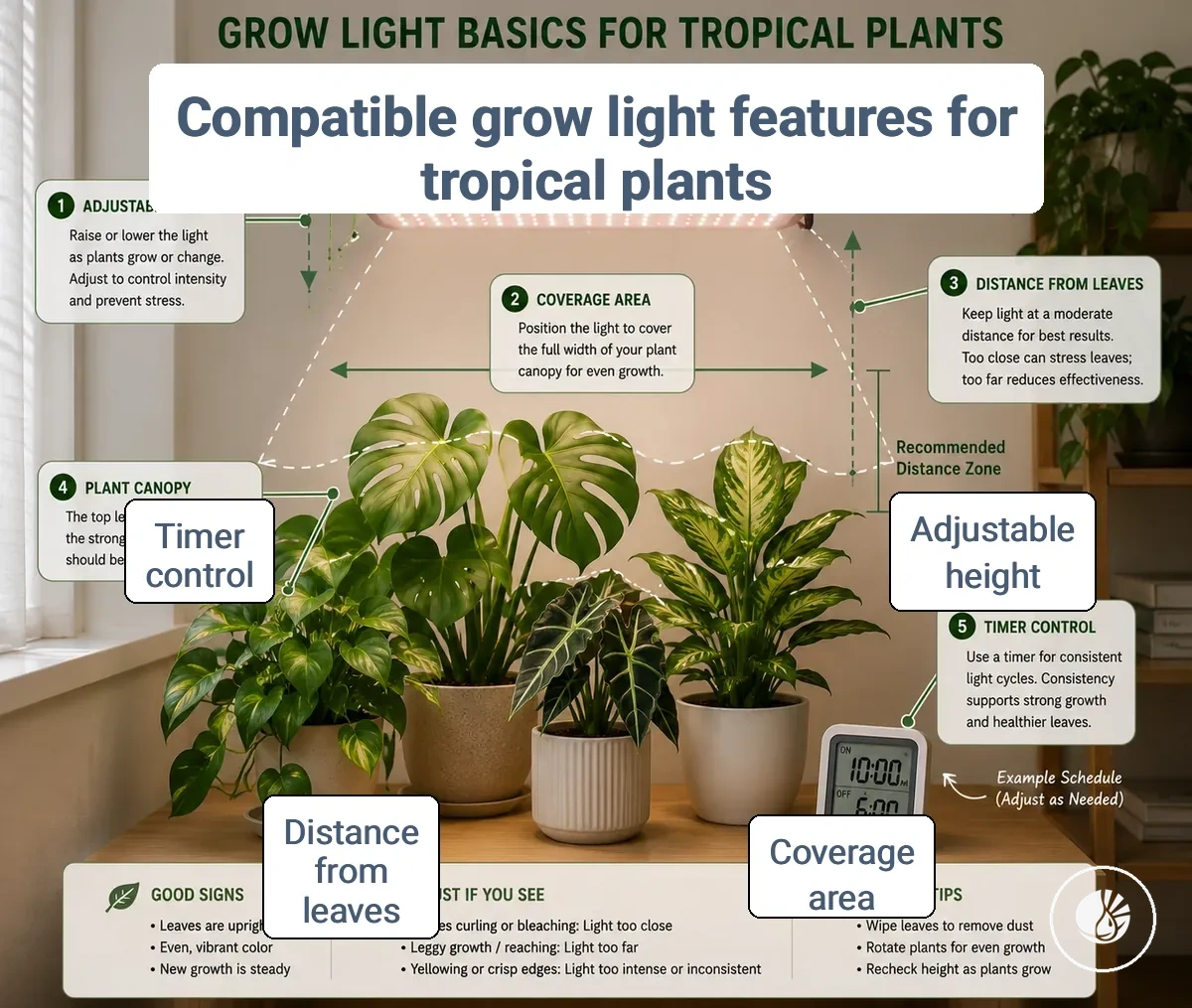 Annotated grow light setup showing coverage distance and adjustable placement for tropical houseplants