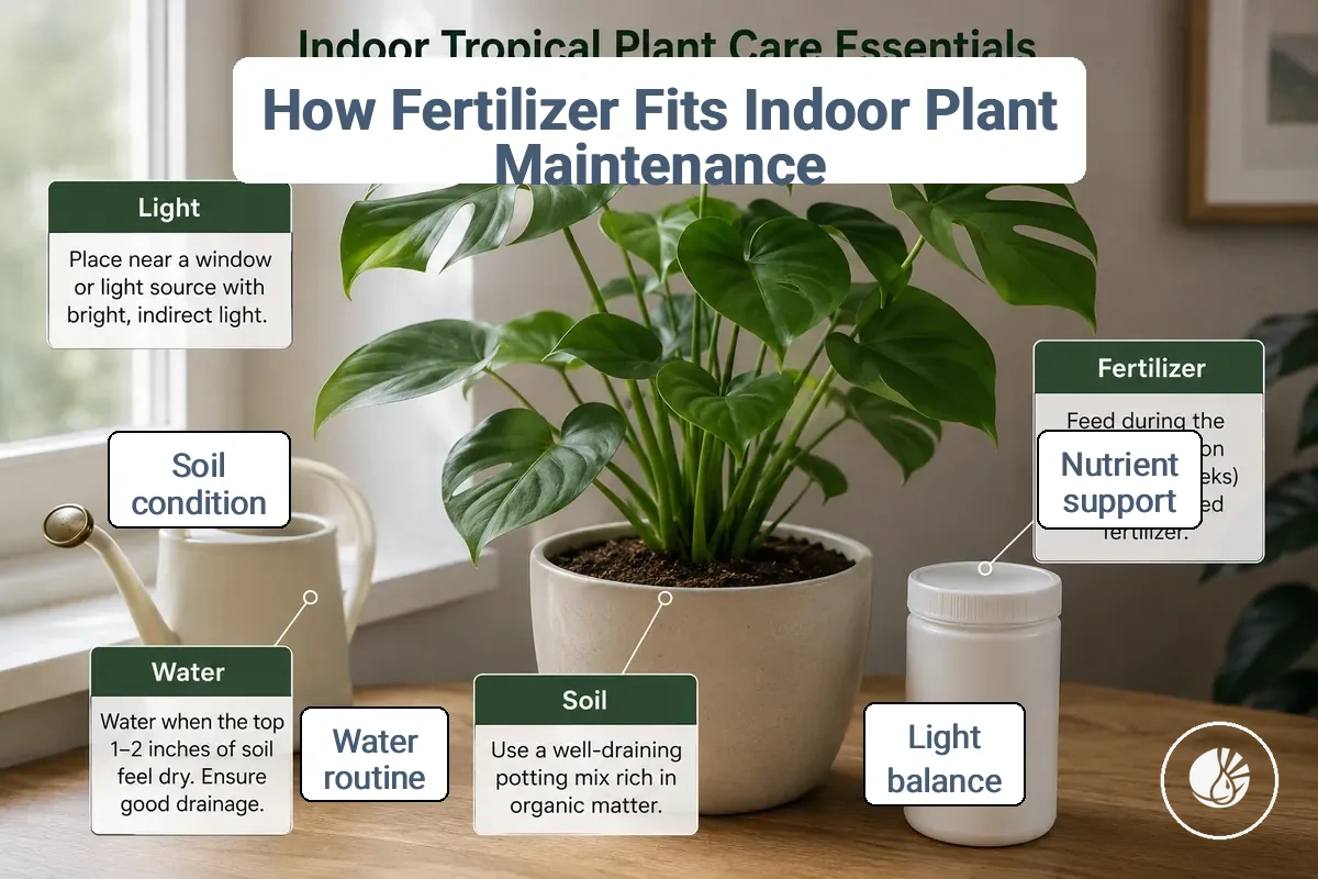 Indoor tropical plant maintenance setup with fertilizer, water, light, and soil care inputs.