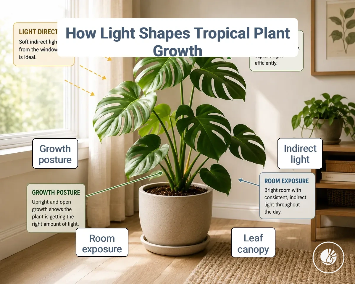 Indoor tropical plant receiving indirect light with visible leaf growth pattern