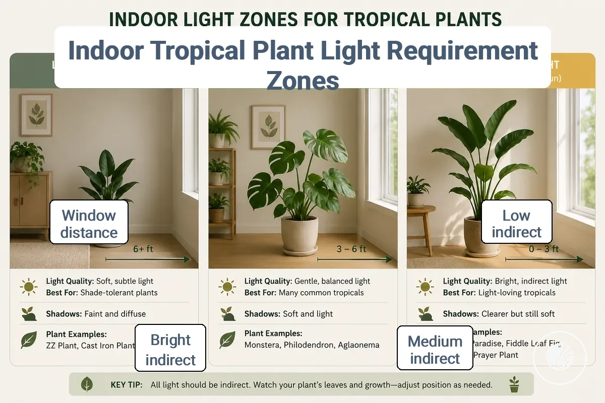 Comparison of low medium and bright indirect light conditions for indoor tropical plants
