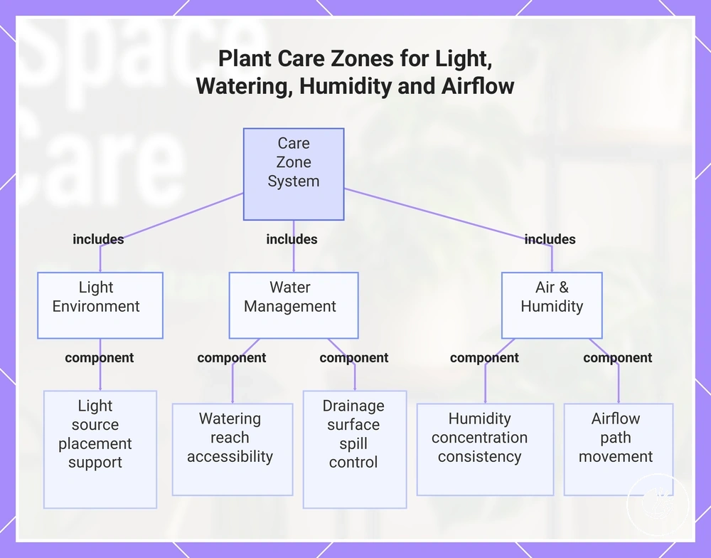 Plant Care Zones for Light, Watering, Humidity and Airflow