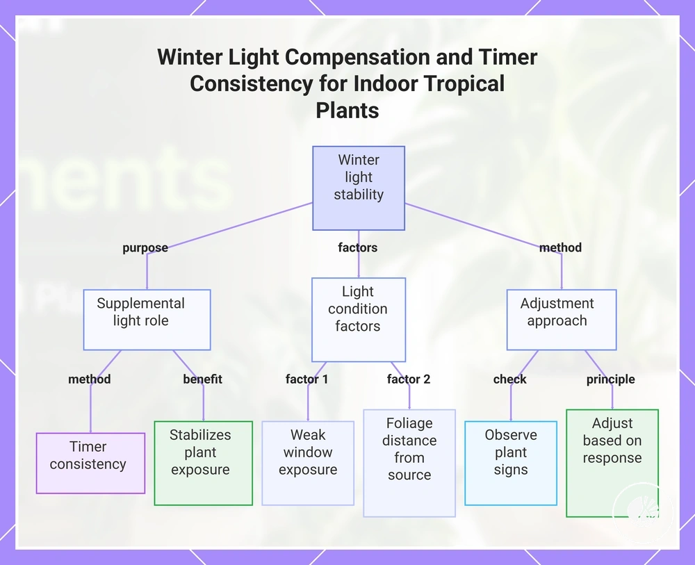 Winter Light Compensation and Timer Consistency for Indoor Tropical Plants