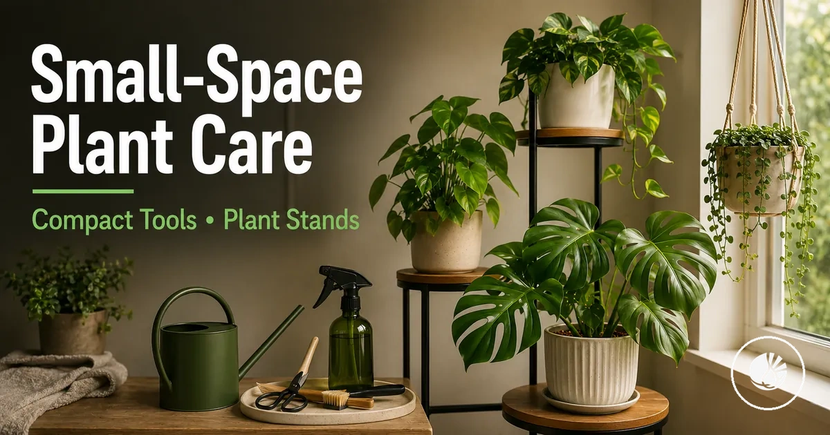 Small-space indoor tropical plant care setup with compact tools and plant stands