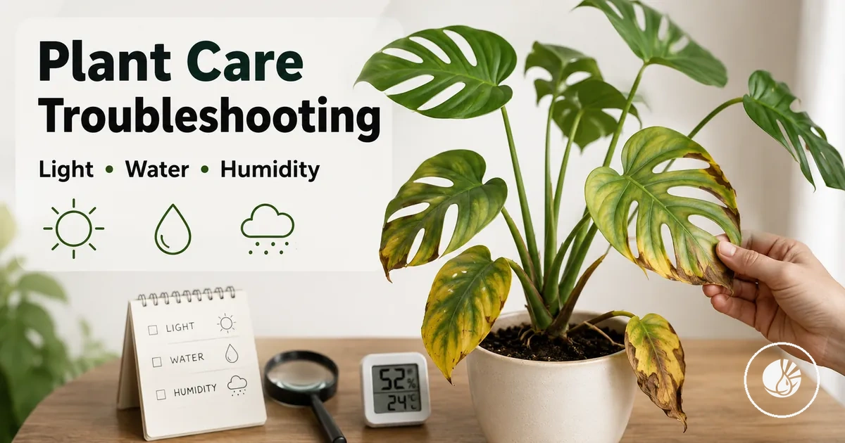 Indoor tropical plant showing care problems for troubleshooting light, water and humidity issues